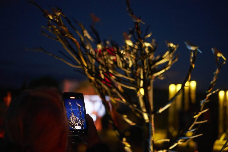 A night time image of makeshift tree branches omitting flickers of yellow light.