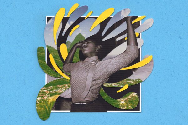 A graphic image of a black woman with her arms outstretched behind her against a green, grey and yellow pattern and blue backgroudnd.
