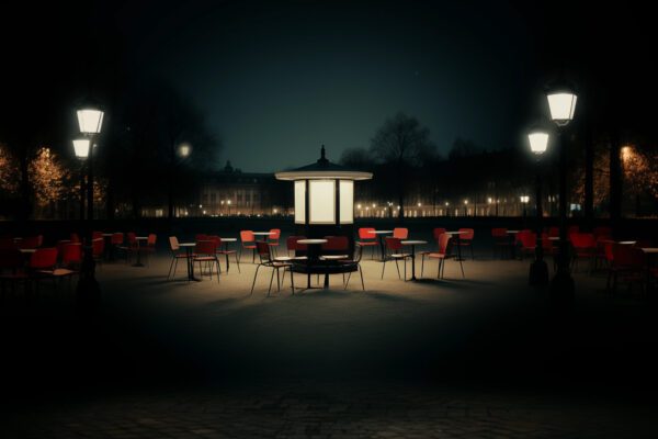 A night time image of a lit up kiosk in the middle of a park surrounded by scattered chairs and tables, with lanterns around the outside.