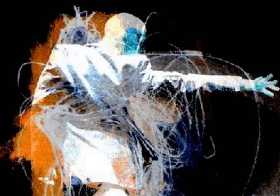 A graphic image of a figure wearing white reaching out to the right of the image.