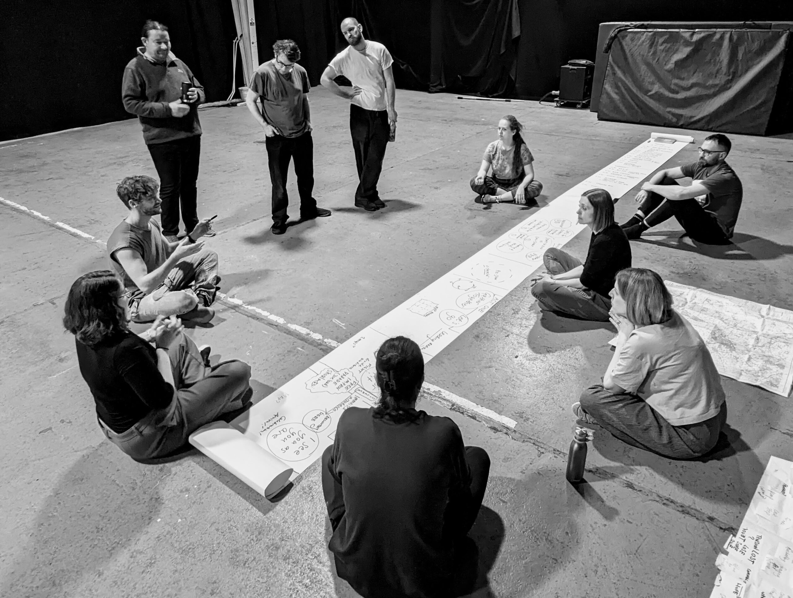 A black and white image of a group of people sat and stood in a rehearsal space with a long piece of paper rolled out in the middle of the floor.