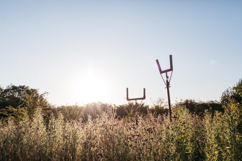 An image of a long grass field with two pylons and a blue sunlight sky