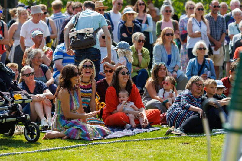 An image of an audience sat and stood on some grass watching a show.