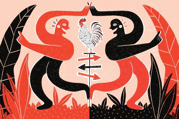 An black and red illustration of two traditional African dancers.