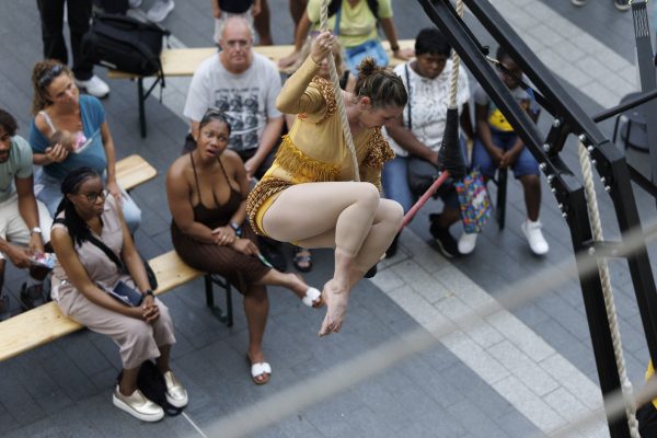 An image of a female trapeze artist suspended above a crowd.