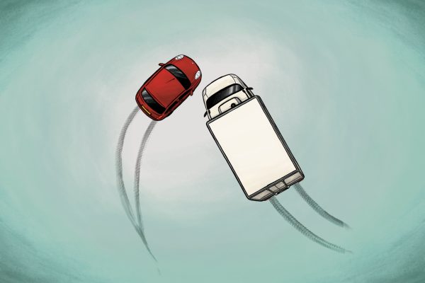 A graphic image of a red car and white van from above
