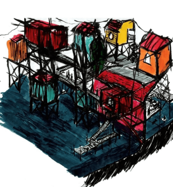 A graphic image of a group of houses or buildings sitting on top of a frame like structure.