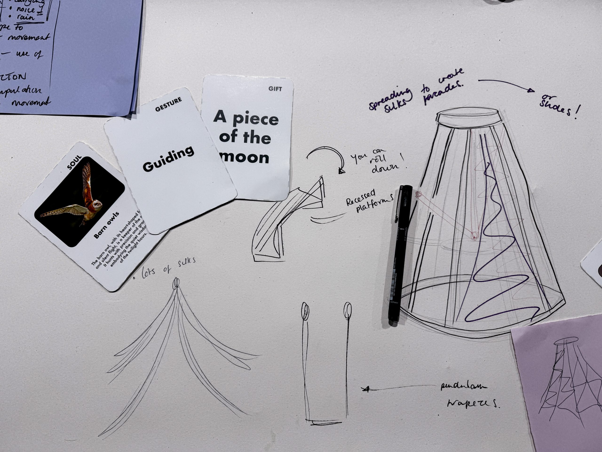 An image of a sketch of a cone shaped structure with some rough sketches of items scattered around it on a white piece of paper. There are three cards on top of the sketch with some writing on them.